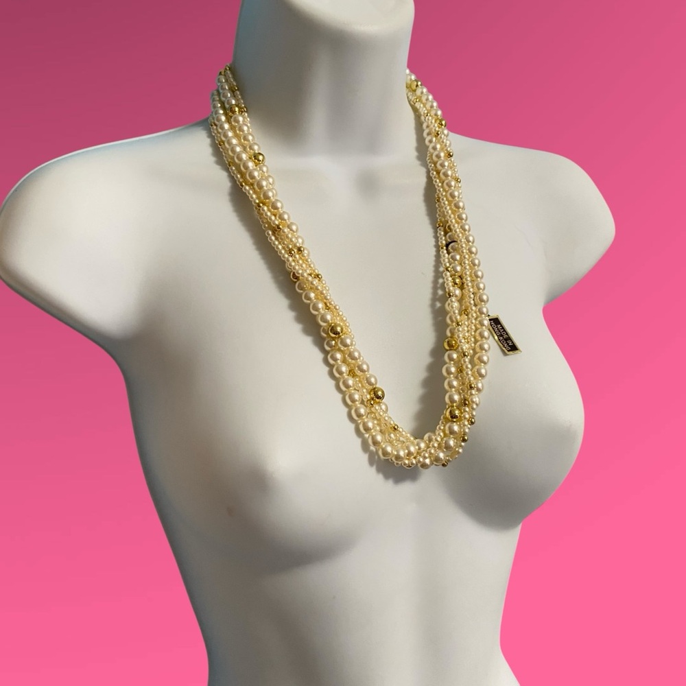 Vintage Multi-Strand Faux Pearl Twist Gold Accent Beads Necklace Hong Kong
